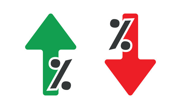 Percentage with arrow up and down. Percentage arrow with percent sign. Design concept for banking, credit, interest rate, finance and money sphere.