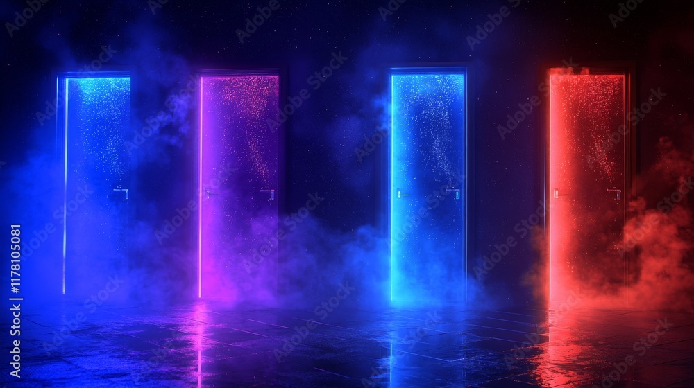 Poster neon futuristic door frame with glowing and steam effect. realistic vector illustration set of illum