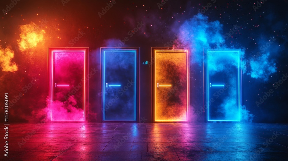 Aufkleber neon futuristic door frame with glowing and steam effect. realistic vector illustration set of illum