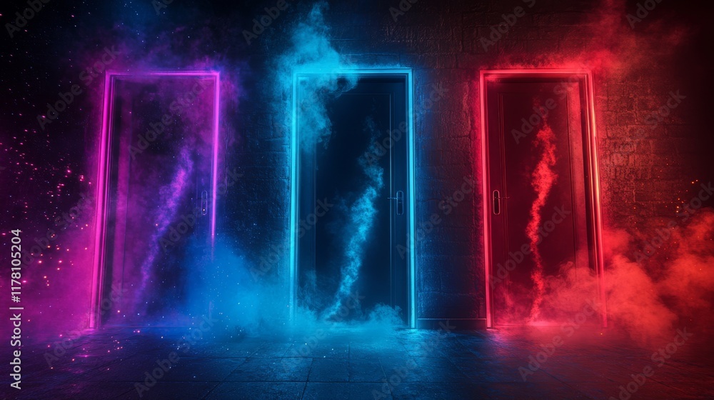 Poster neon futuristic door frame with glowing and steam effect. realistic vector illustration set of illum