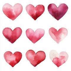 Romantic Watercolor Heart Collection: Nine Handmade Red Designs for Creative Valentine and Love Themes
