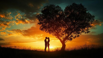 Enchanting Sunset Silhouette of Romantic Couple in Heart-Shaped Tree Landscape Capturing the Essence of Love and Emotional Connection