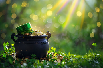 st patricks day festival, a lively image showcasing a brimming black cauldron of gold coins topped with a sparkling green leprechaun hat amidst shamrocks set against a radiant green backdrop with