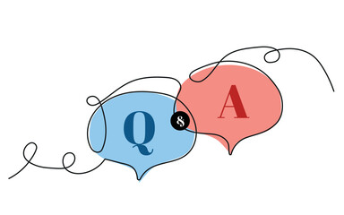 Question and answer line icon designed as faq outline symbol with q and a letter in thin black line, solid, and blue and yellow speak bubble.