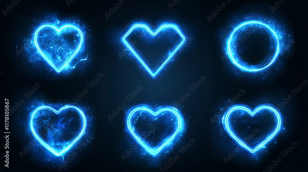 Poster electric lightning frames in shape of circle, heart and square. digital glowing neon borders. vector