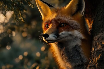 Fototapeta premium A close-up shot of a red fox sitting next to a tree