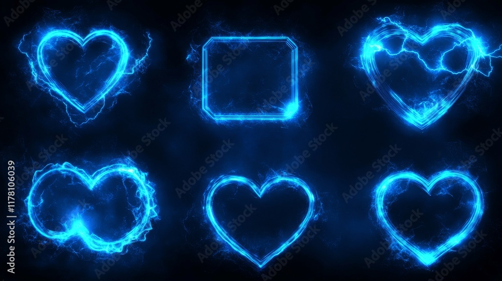 Poster electric lightning frames in shape of circle, heart and square. digital glowing neon borders. vector
