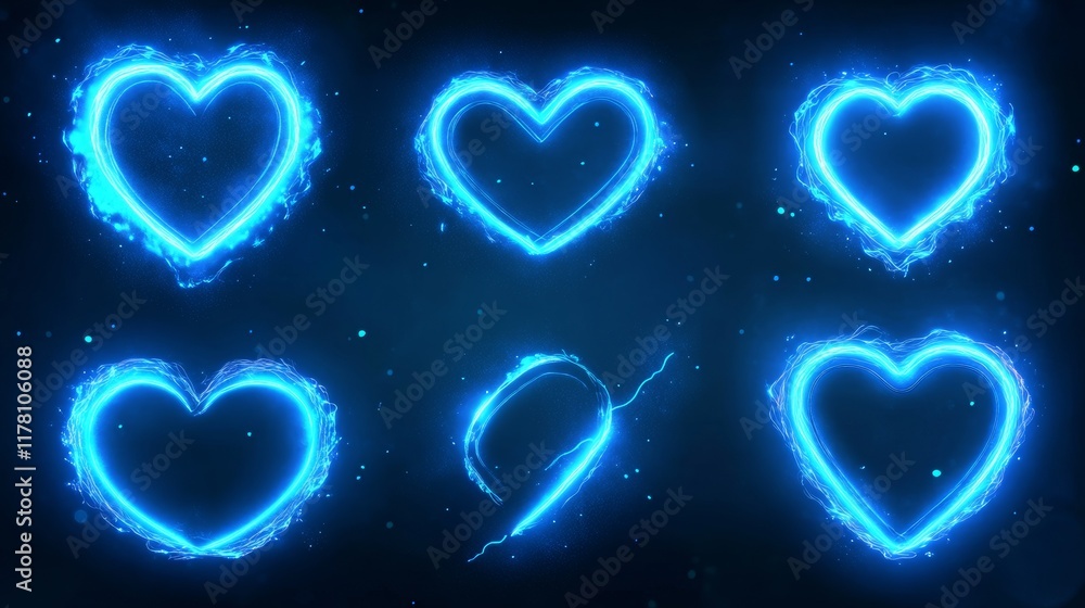 Poster electric lightning frames in shape of circle, heart and square. digital glowing neon borders. vector