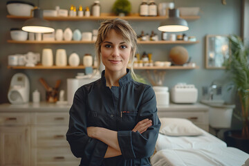 chiropractic clinic, a chiropractor in a well-equipped clinic, exuding professionalism and warmth the room is cozy and organized, with modern tools and a soothing ambiance the image encapsulates a