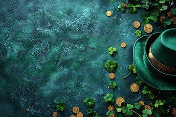 st patricks day decorations, overhead view of a flat layout with green background, shamrocks, gold coins, and a green hat