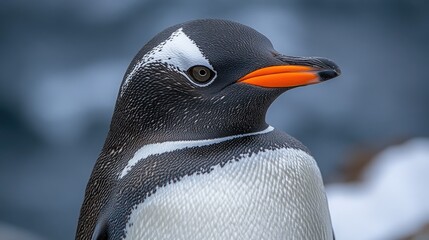 A close-up shot of a penguin's face featuring an unusual orange beak