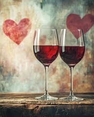 Romantic Evening with Two Glasses of Red Wine on Rustic Table with Heart Decor