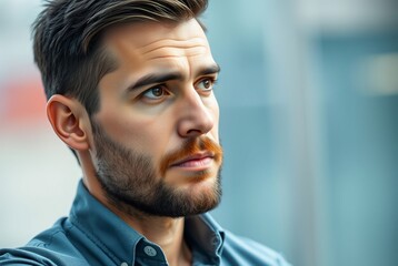 Obraz premium Close-up Portrait of a Thoughtful Young Man with a Beard and Short Hair
