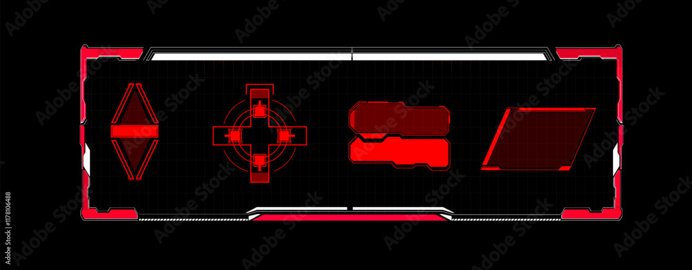 Poster a sleek and modern interface displays various red icons and shapes against a black background, suita