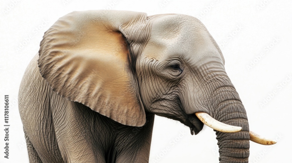 Poster a close-up view of an elephant's face with visible tusks, suitable for use in wildlife or nature-rel