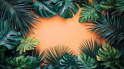 Naklejka premium Tropical leaves frame on orange background, copy space.