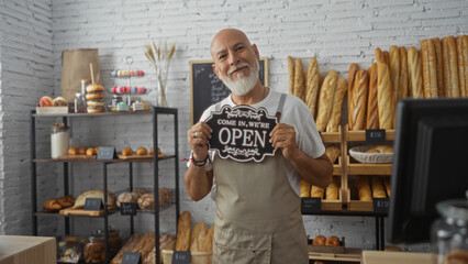 Man working in a bakery holding an open sign surrounded by fresh bread and pastries, showcasing a warm and inviting shop interior.