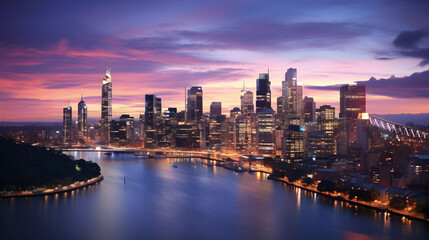 Fototapeta premium Stunning Twilight Panorama of Modern Cityscape with River Reflection, HD Image