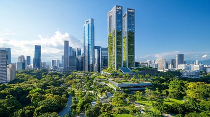 Obraz premium Futuristic Sustainable Cityscape with Eco-Friendly Skyscrapers and Green Urban Design