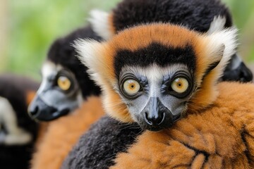 Obraz premium A young baby lemur snuggled up to its mother in this intimate shot