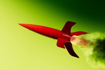 Red rocket takes off, releasing smoke against a bright background