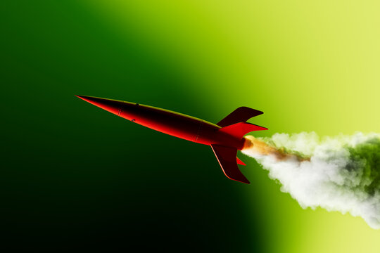 Red rocket takes off, releasing smoke against a bright background