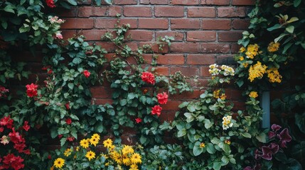 Naklejka premium A brick wall covered in colorful flowers and green vines.