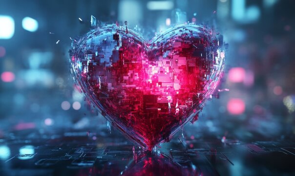 A 3D digital art representation of a pixelated heart, showcasing the beauty of love in technology and modern gaming culture.