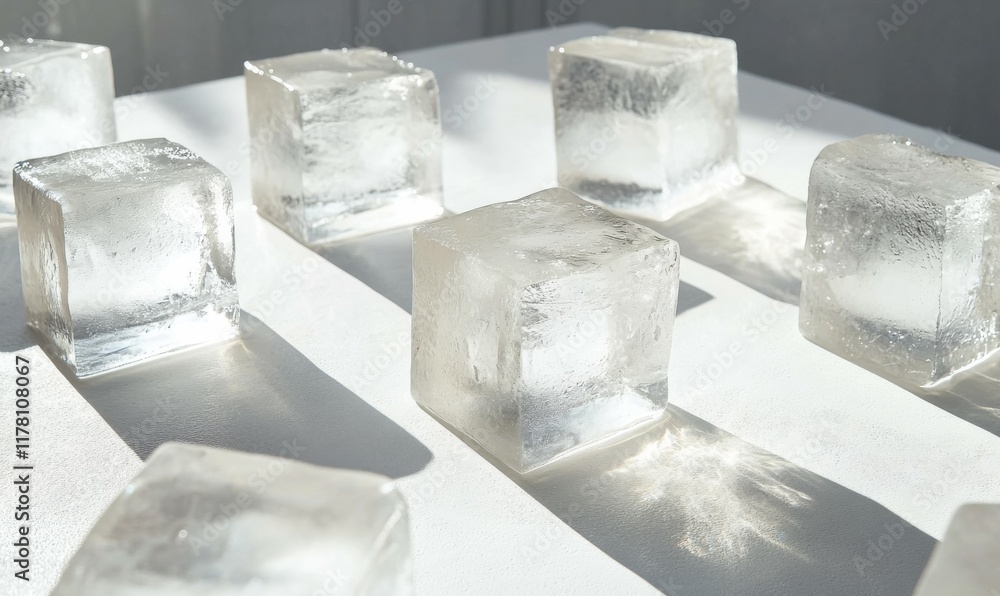 Poster a collection of clear, frosted cubed ice blocks on a white surface, used for chilling and temperatur