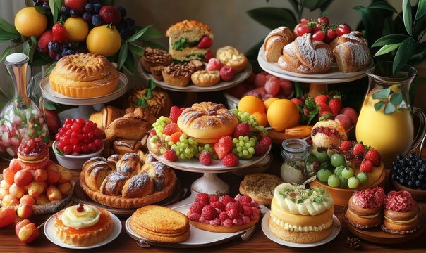A collection of assorted baked goods, sweets, fruits, and savory items for a variety of tastes.