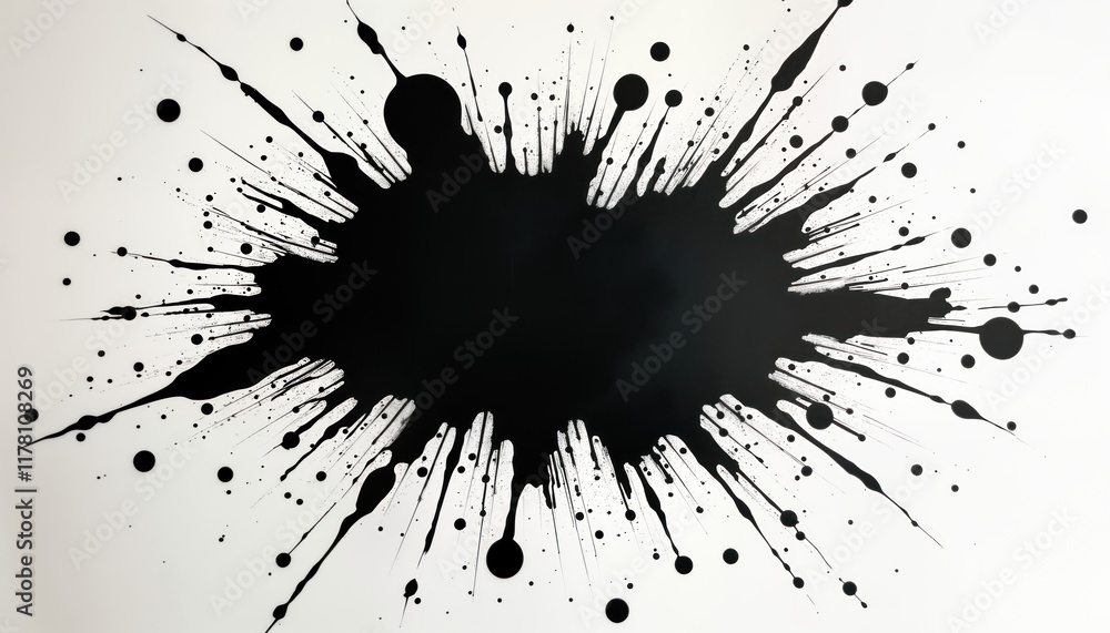 Poster abstract black ink splatter design. radial pattern of ink drops, streaks. artistic grunge texture. i