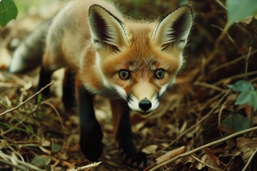 Naklejka premium A close-up shot of a small fox in its natural habitat