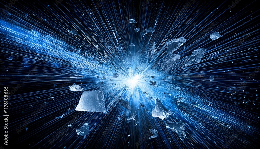 Poster explosive ice particles burst in dynamic display against a cosmic backdrop of blue and black tones