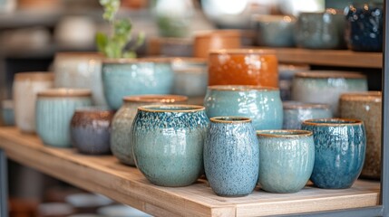 A diverse and colorful array of ceramic mugs and pots displayed on a wooden shelf in a store, highlighting their intricate textures and vibrant glazes