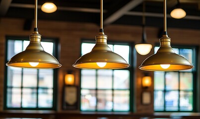 Gold pendant lamps illuminate a cozy restaurant interior with windows and blurred background.