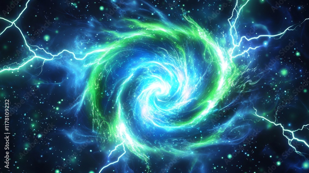 Poster abstract green swirls set with blue lightning discharges png isolated on transparent background. rea