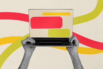 Image photo poster sketch collage of hands hold laptop bubble icon chatting messenger app...