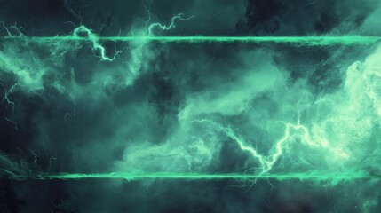 Fototapeta premium Realistic thunder light and green smoke cloud bottom frame. Mysterious lightning glow border wide panoramic element. Fluffy magic spell mist glowing with bolt energy charge overlay turquoise design