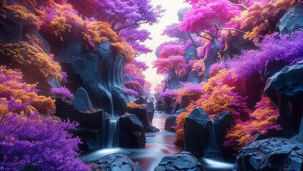 Purple forest with a river and black canes