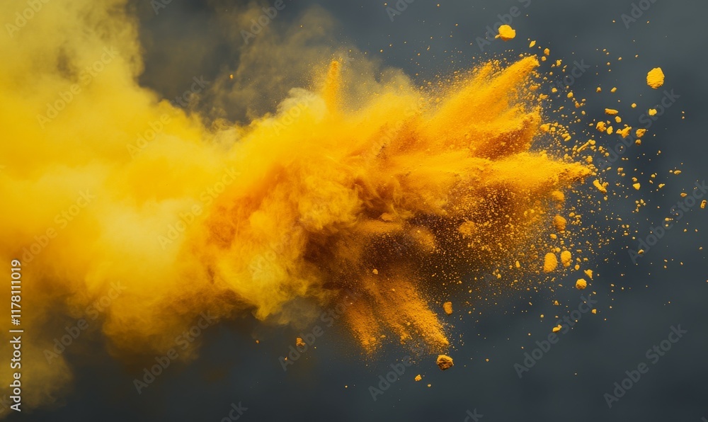 Poster a burst of yellow powder against a gray backdrop, creating a vibrant and dynamic visual effect.
