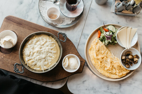 top view of an omelette and polenta