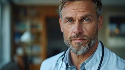 Obraz premium Portrait of a Professional Looking Man in Medical Attire, Captured Indoors with Blurred Background Featuring Books and Ambient Lighting, Expressing a Confident and Approachable Demeanor
