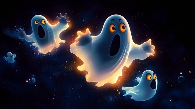 Halloween set with ghost characters with different emotions isolated on black background. Vector cartoon illustration of flying white phantom, spooky spirit smiling, scare, happy, surprised and angry