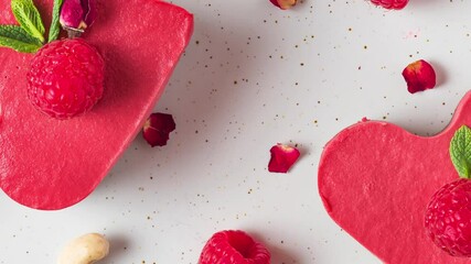 Raw vegan heart shaped cakes or cheesecakes with fresh raspberries, mint and dried flowers. Valentines day dessert. Healthy food concept. Top view