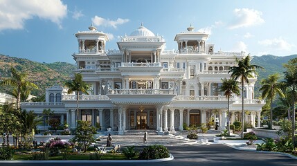 Obraz premium White mansion exterior with landscaping, mountains, clear sky.
