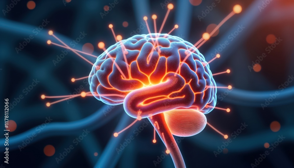 Aufkleber 3D illustration shows human brain with highlighted neural network activity. Tech medical view emphasizes complex network structures. Brain cells, nerve impulses vividly visualized. Modern tech