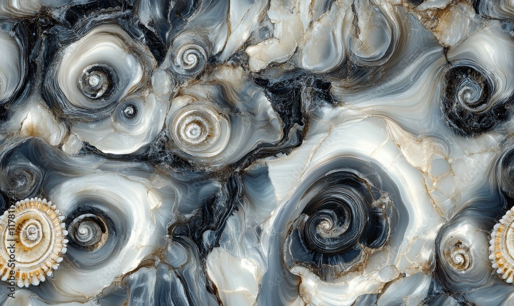 Poster a close-up pattern of many seashells creating a textured and marbled effect, suitable for wallpaper 
