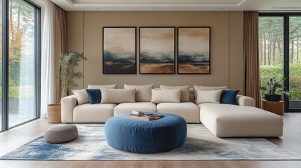 A spacious, modern living room features a minimalist design with a comfortable beige sectional sofa complemented by blue accents and large windows overlooking lush greenery.
