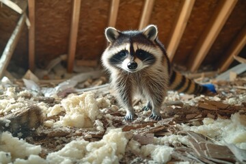 Fototapeta premium A curious raccoon stands on a pile of wool, looking around