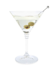 Martini cocktail with olives in glass isolated on white